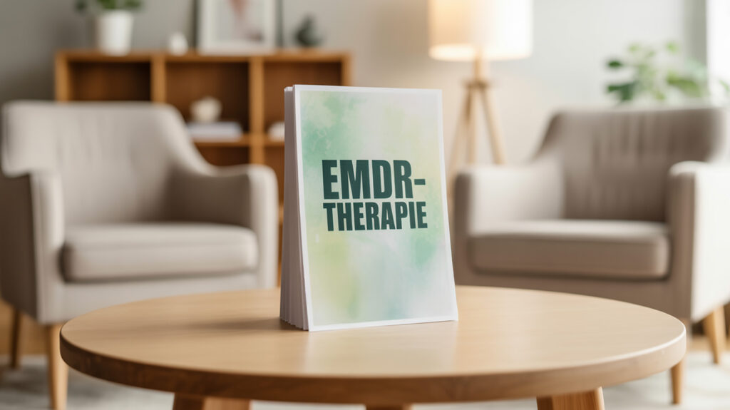 Flyer mit der Aufschrift EMDR-Therapie steht auf einem Holztisch in einer modernen Therapiepraxis, im Hintergrund zwei Sessel