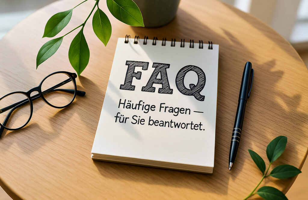 Holztisch mit Notizblock und handgezeichneter Aufschrift ‚FAQ – Häufige Fragen für Sie beantwortet‘, daneben Kugelschreiber, Brille und Pflanzenblätter im Sonnenlicht