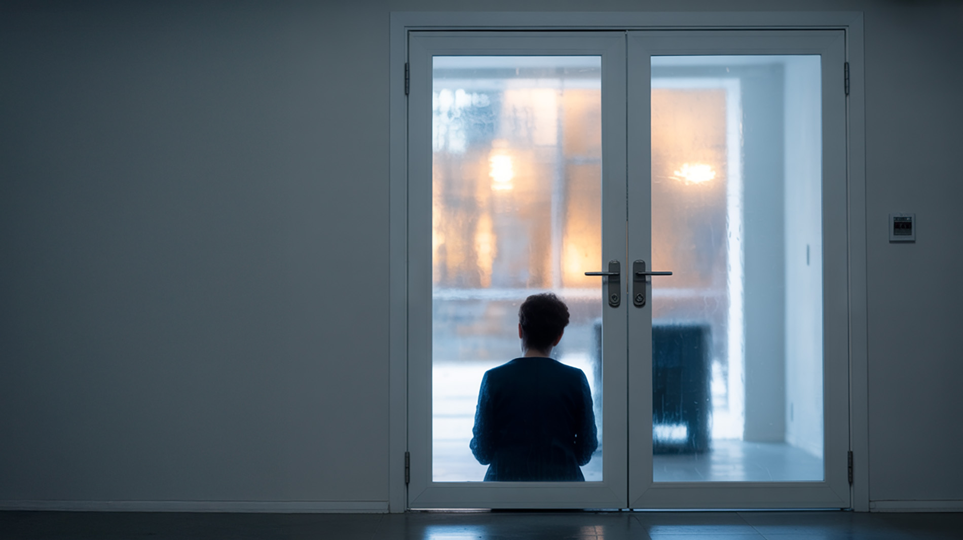 Eine Person sitzt allein hinter einer geschlossenen Tür, nur schemenhaft sichtbar. Symbolbild für Rückzug und Kommunikationsverweigerung in Beziehungen.