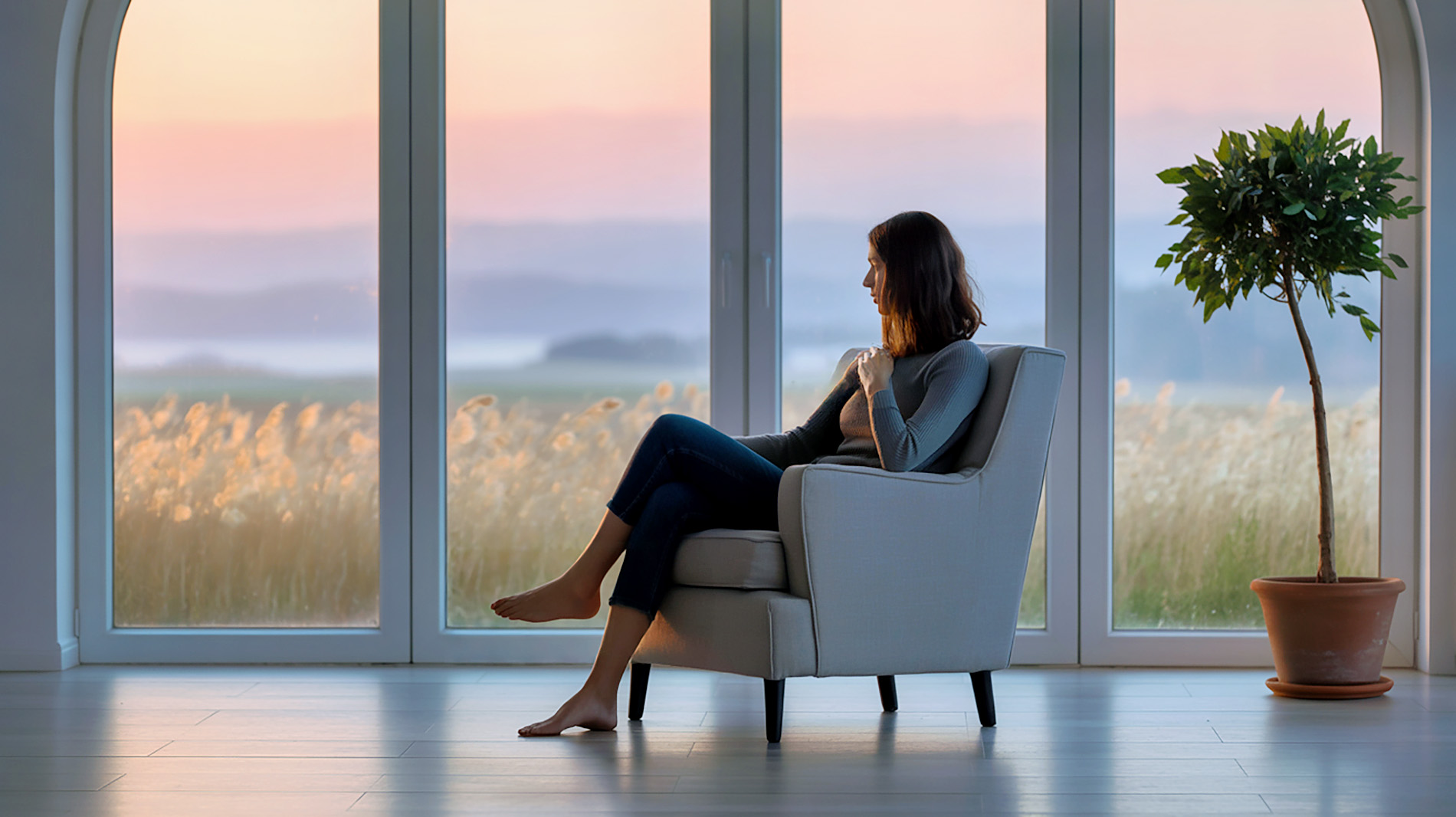Nachdenkliche Person blickt im Morgenlicht aus einem großen Fenster; freundliche, ruhige Atmosphäre symbolisiert einen Neuanfang nach einer toxischen Beziehung.