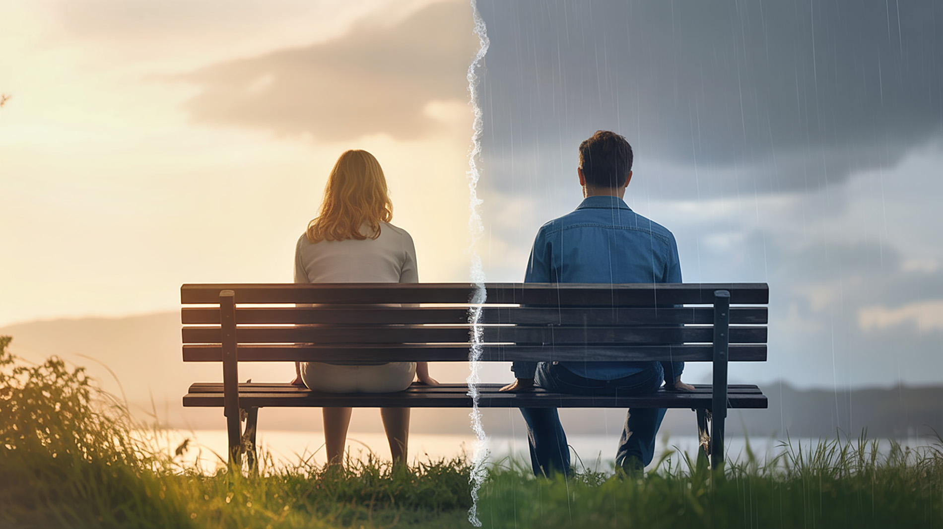 kaputte Beziehung, Ein Paar sitzt auf einer Bank, getrennt durch eine Wettergrenze – auf der einen Seite Sonnenschein, auf der anderen Regen. Symbolbild für emotionale Distanz in Beziehungen.