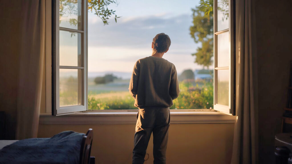Eine Person steht mit dem Rücken zur Kamera an einem Fenster und schaut nach draußen auf eine sonnige, friedliche Landschaft – drinnen bleibt es dunkel. Ein stiller Moment der inneren Einkehr.