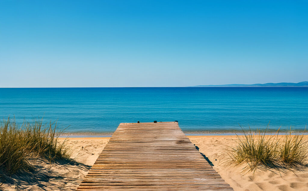 Holzsteg beginnt am Sandstrand mit etwas Schilf im Vordergrund und führt ins ruhige, blaue Meer unter klarem Himmel