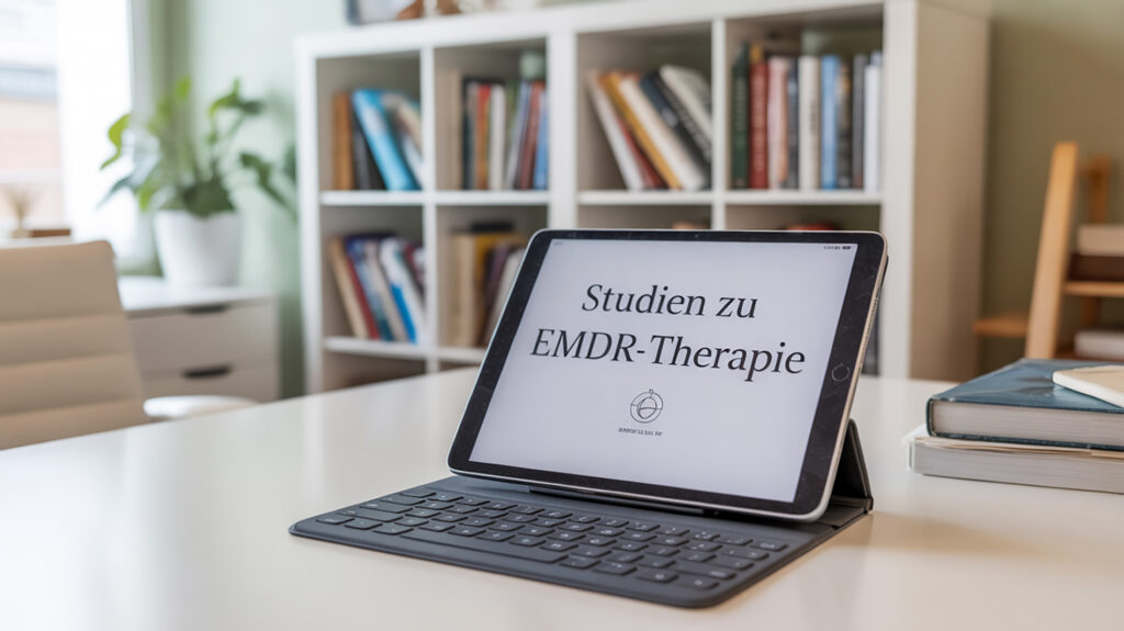 iPad auf einem Tisch mit der Aufschrift ‚Studien zu EMDR-Therapie‘, im Hintergrund unscharfes weißes Bücherregal in hellem nordischen Arbeitszimmer