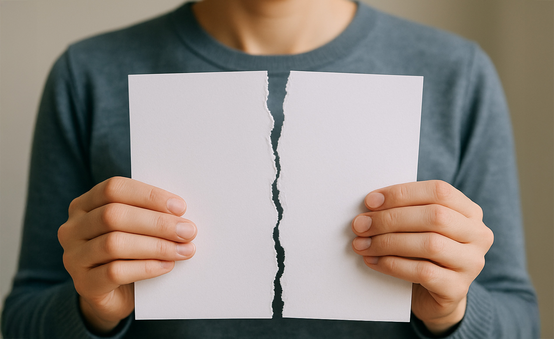 Person hält zwei Hälften eines zerrissenen weißen Blatts Papier in den Händen, vor neutralem Hintergrund