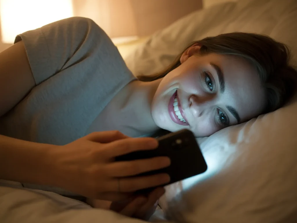 Frau liegt im Bett und hält ihr Smartphone vor das Gesicht