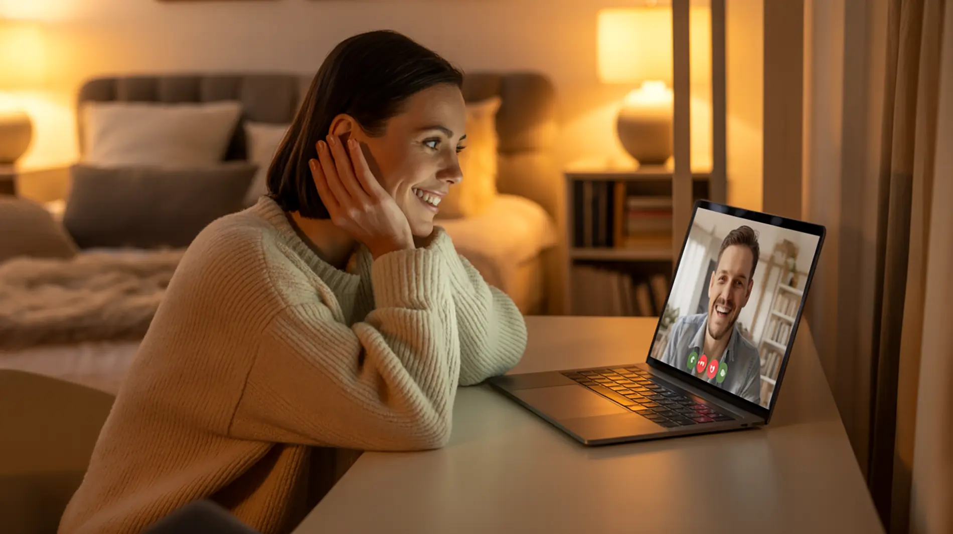 Frau im Videotelefonat mit ihrem Mann