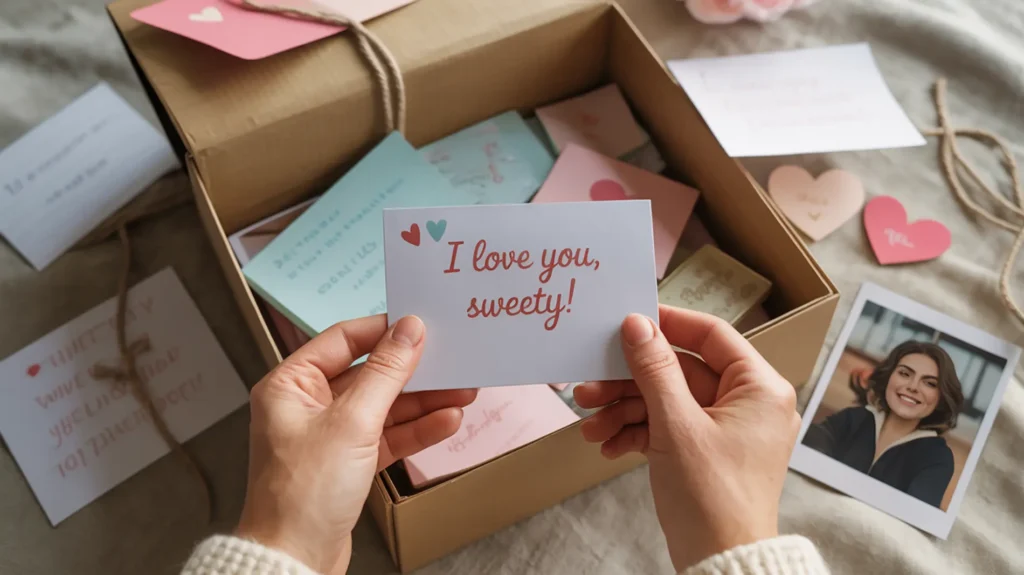 Frau packt ein Geschenk mit kleinen Briefen und einem Foto aus