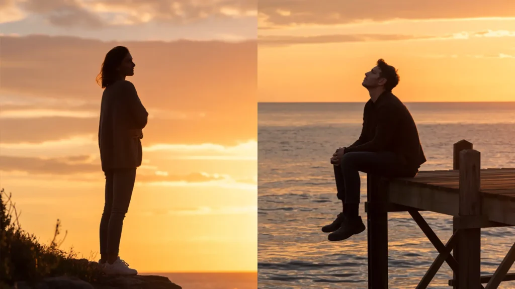 Frau und Mann stehen getrennt vor einem Sonnenuntergang