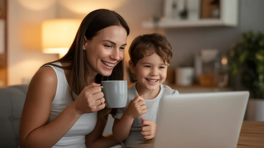 Frau mit Kind ist im Videocall mit ihrem Mann
