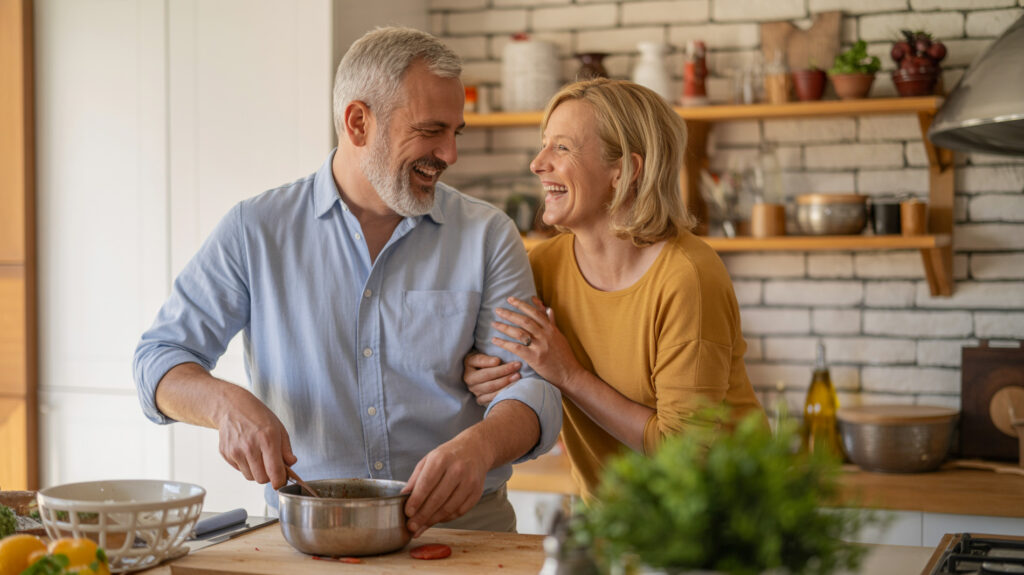 Lachendes Paar beim gemeinsamen Kochen