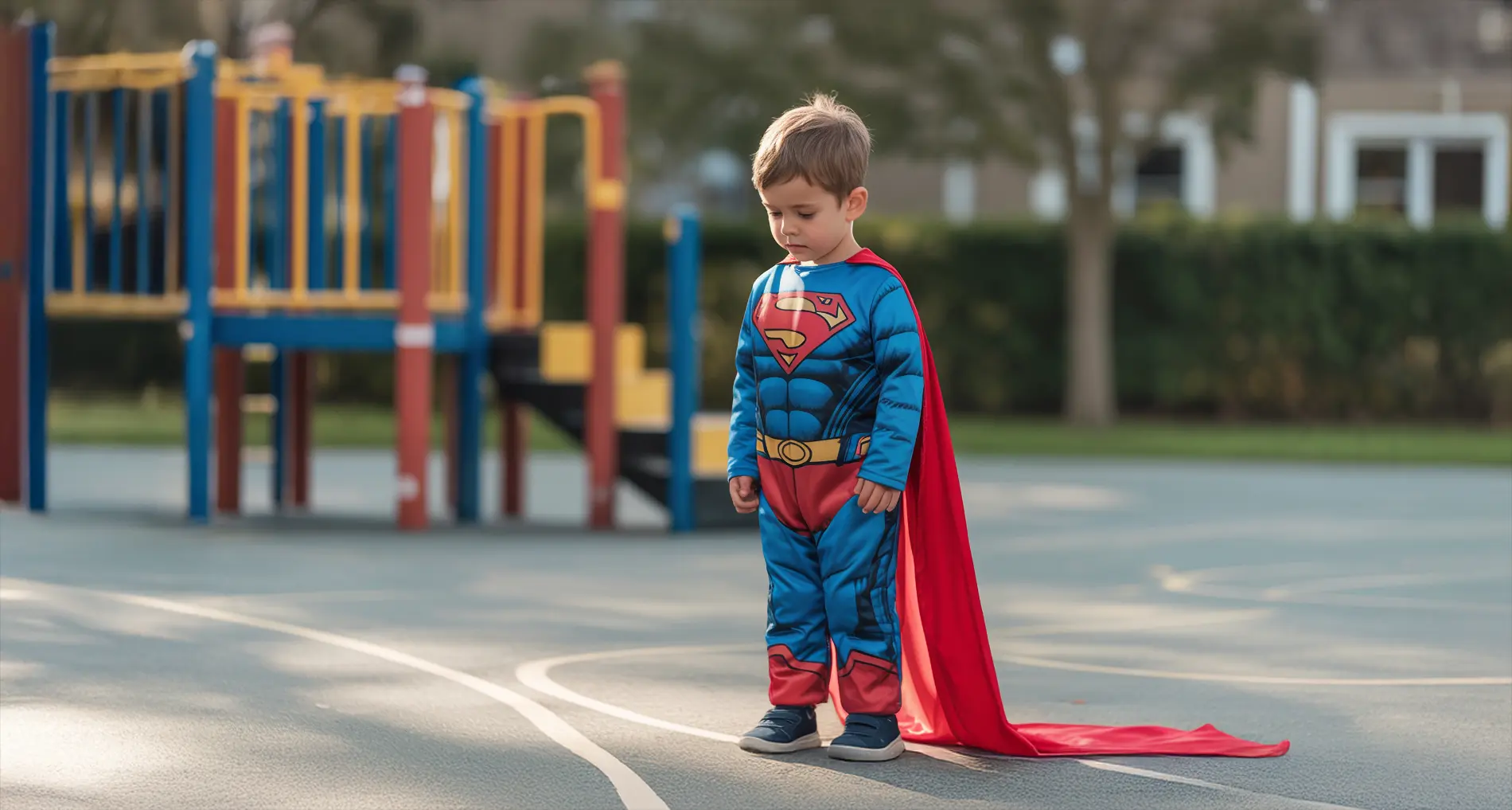 Ein kleiner Junge in einem zu großen Superman-Kostüm auf dem Schulhof symbolisiert die Überforderung durch gesellschaftliche Erwartungen