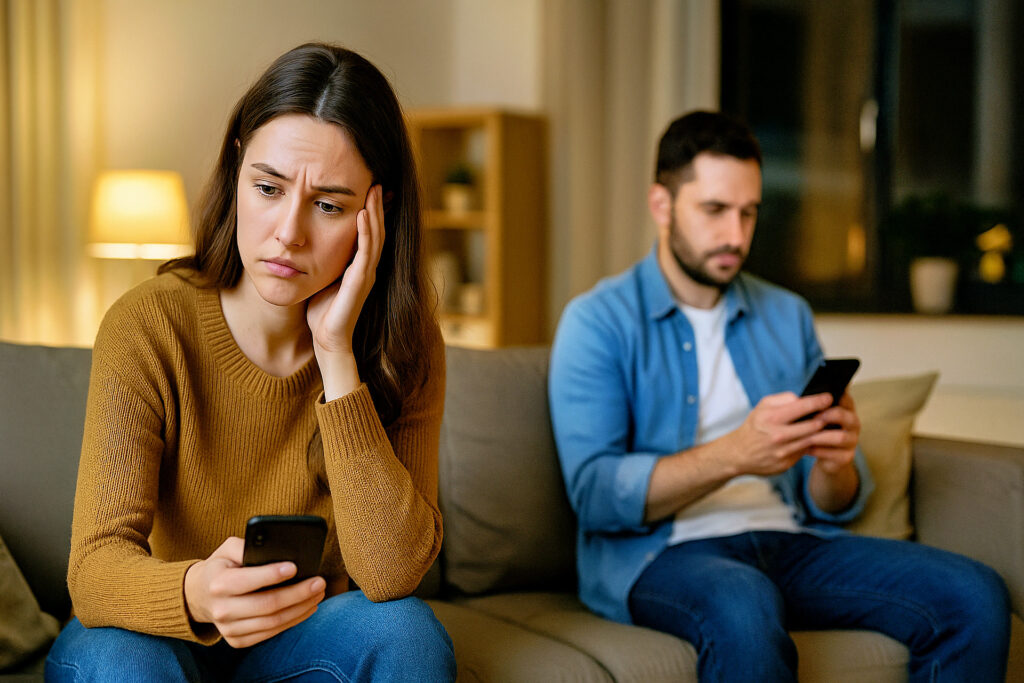 Eine junge Frau sitzt nachdenklich und besorgt auf einem Sofa, das Smartphone in der Hand. Neben ihr sitzt ihr Partner, der abgewandt auf sein Handy schaut. Die Stimmung wirkt angespannt und distanziert.