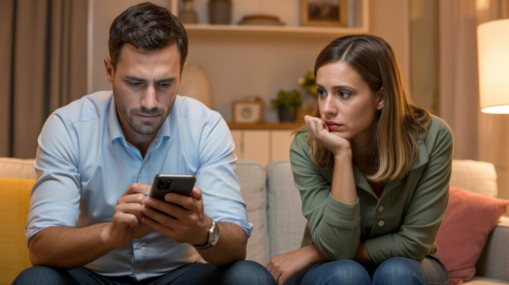 Eine Frau schaut misstrauisch, während ihr Partner heimlich auf dem Handy tippt.