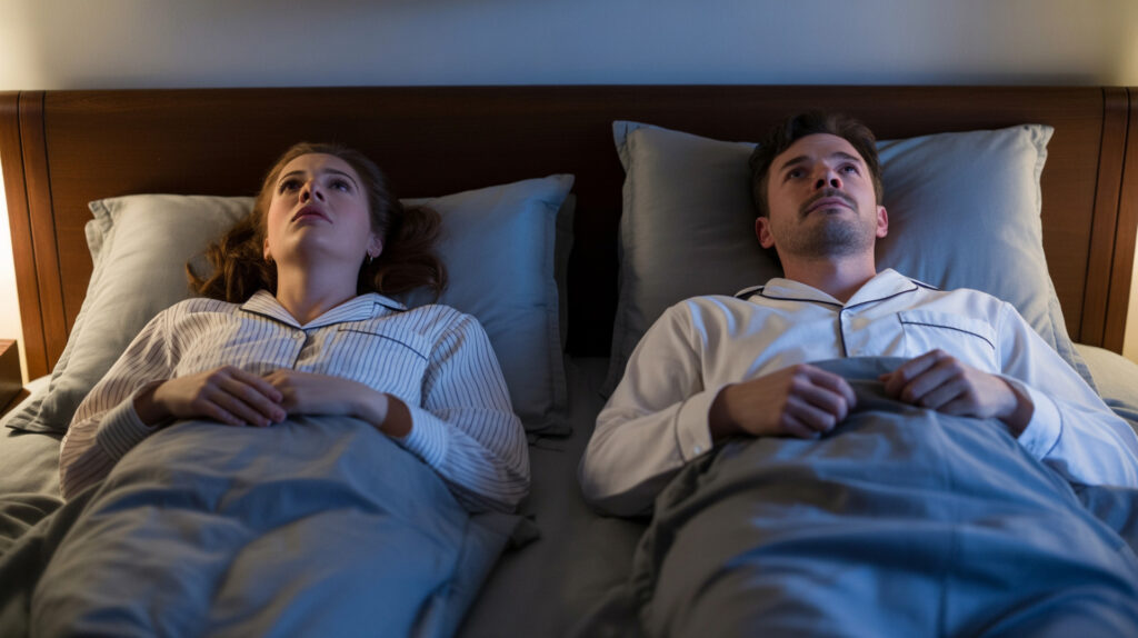 Paar liegt mit Abstand nebeneinander im Bett und starrt zur Decke