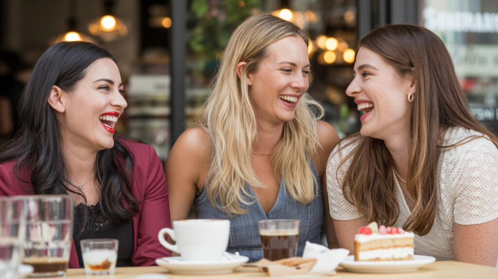 Drei Freundinnen genießen ausgelassene Zeit im Café