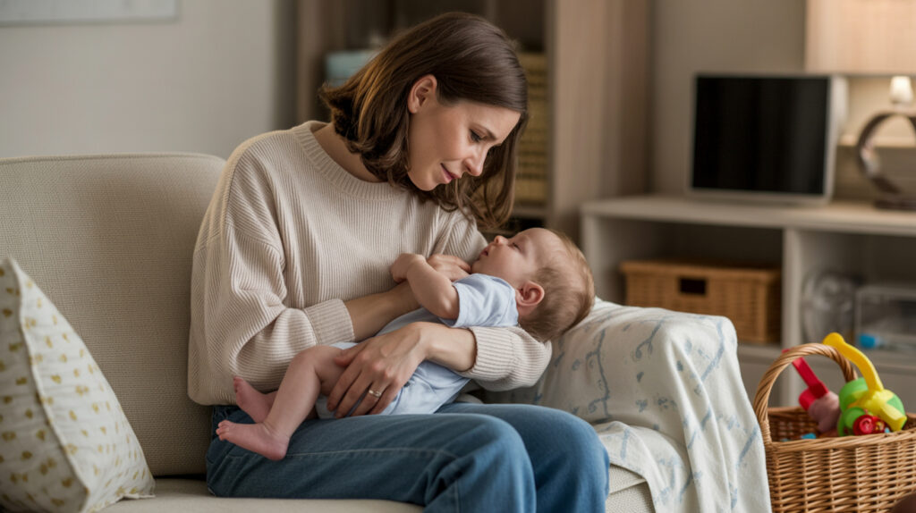 Müde Mutter hält schlafendes Baby im gemütlichen Wohnzimmer