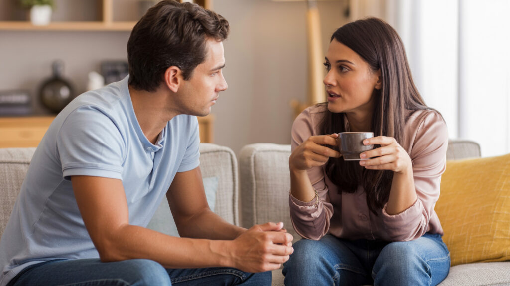 Paar führt vertrauensvolles Gespräch auf dem Sofa mit Kaffeetassen in den Händen