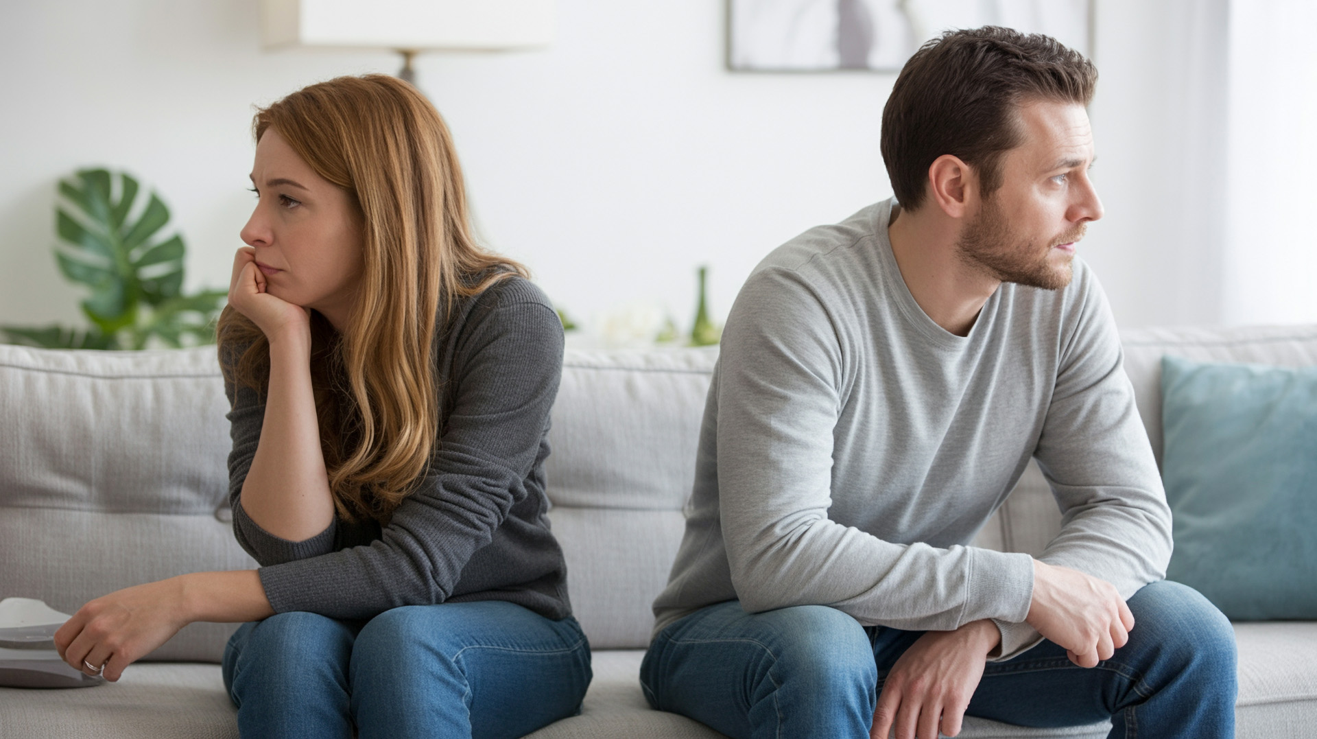 Paar sitzt mit deutlichem Abstand auf einem Sofa und schaut in unterschiedliche Richtungen