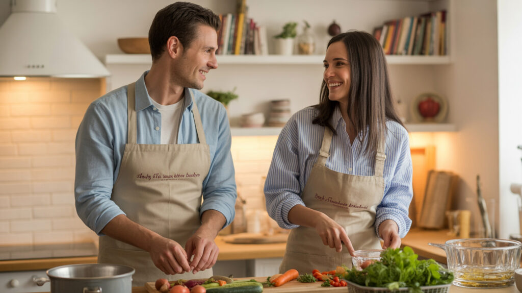 Glückliches Paar kocht gemeinsam in heller Küche