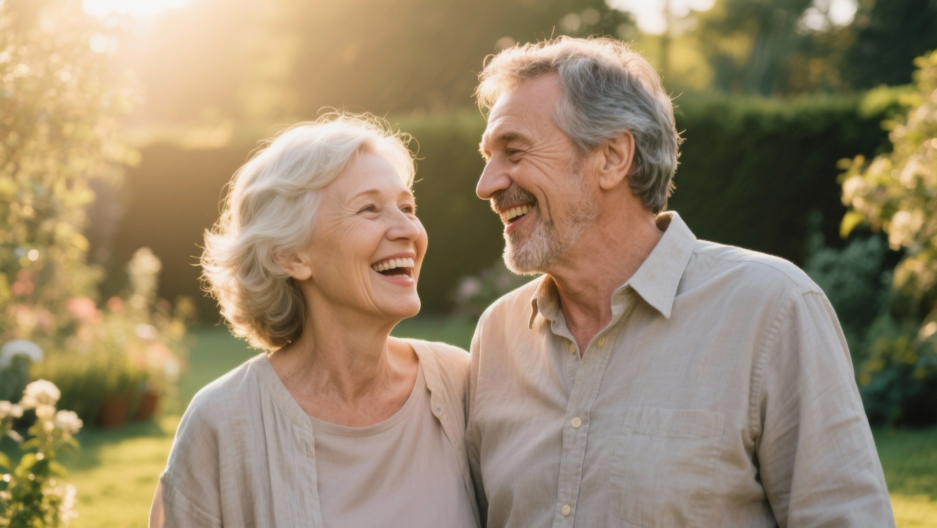 Älteres Paar schaut sich verliebt an auf Gartenbank im Park