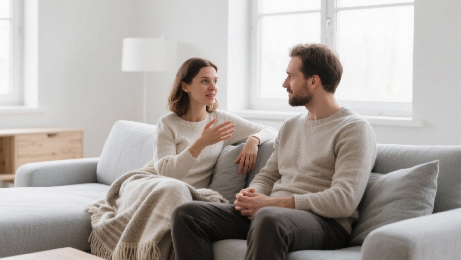 Paar führt respektvolles Gespräch am Esstisch mit zugewandter Körperhaltung