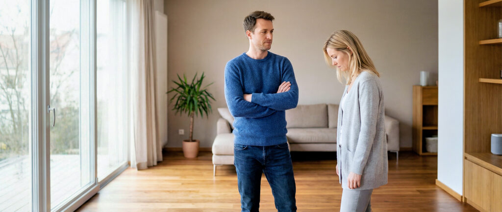 Paar steht sich angespannt gegenüber, Konflikt kurz vor der Eskalation