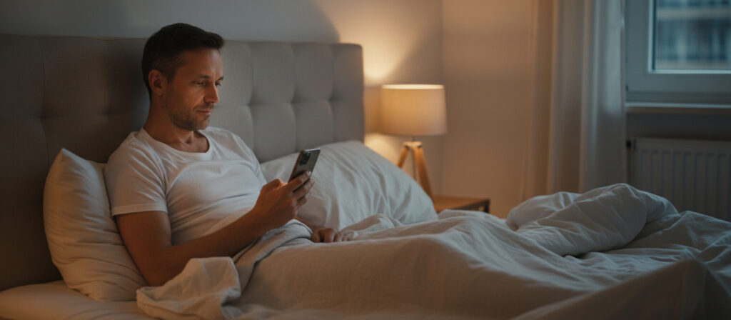 Mann sitzt nachts allein im Bett mit Smartphone, heimlicher Umgang mit Sexualität in der Beziehung