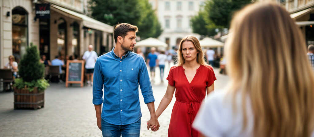 Paar unterwegs, ein Moment der Ablenkung sorgt für Unsicherheit in der Beziehung
