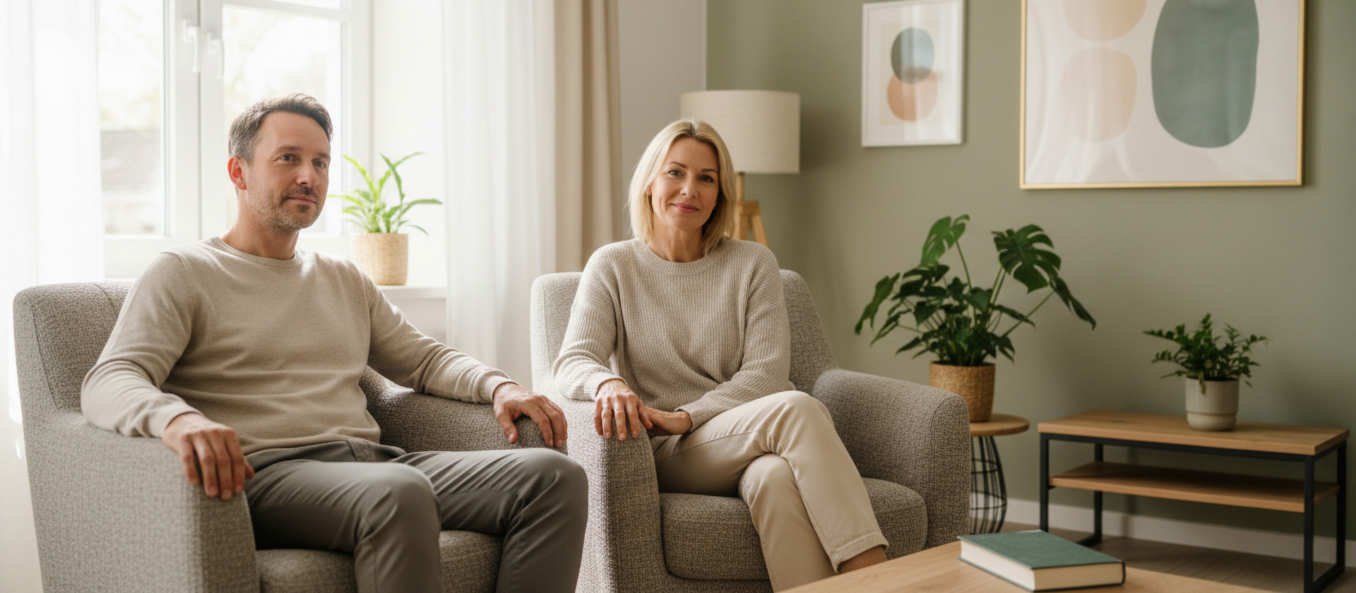 Entspannte Person in heller Therapiesituation, offenes Gespräch ohne Druck