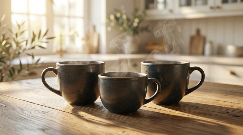 Drei dampfende Kaffeetassen auf einem Holztisch im warmen Morgenlicht