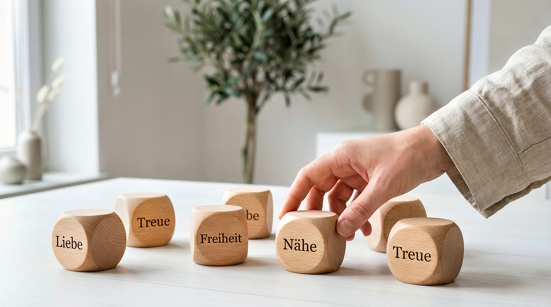 Holzwürfel mit den Begriffen Liebe, Treue, Freiheit und Nähe auf einem hellen Tisch