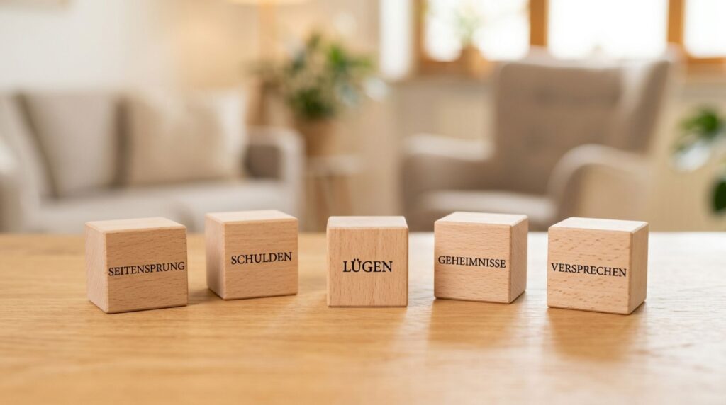 Holzwürfel mit Wörtern wie 'Seitensprung', 'Schulden', 'Lügen' auf Therapieraum-Tisch.