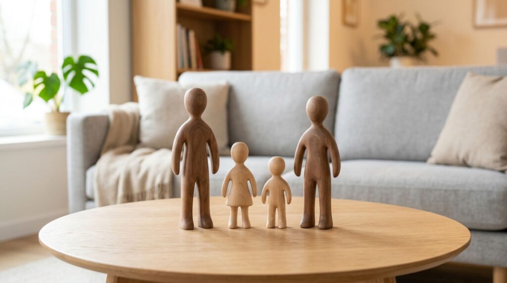 Vier hölzerne Familienfiguren stehen auf einem Holztisch in einer Praxis