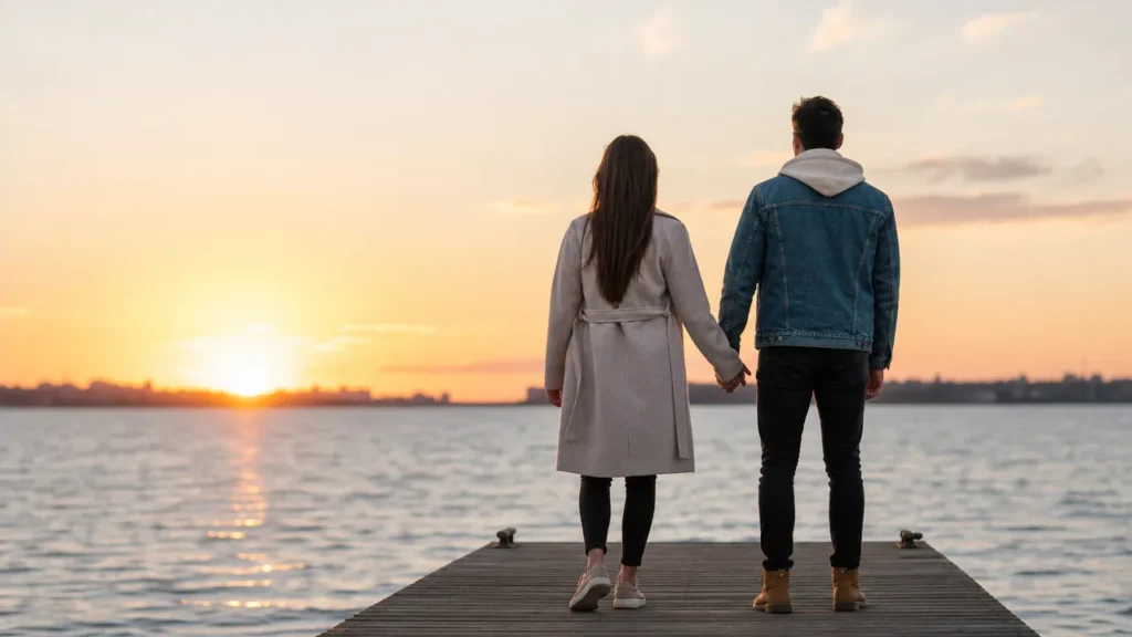 Ex zurückgewinnen: Paar hält Händchen und blickt gemeinsam auf einen Sonnenuntergang über dem Wasser, Symbol für einen Neuanfang nach Trennung.