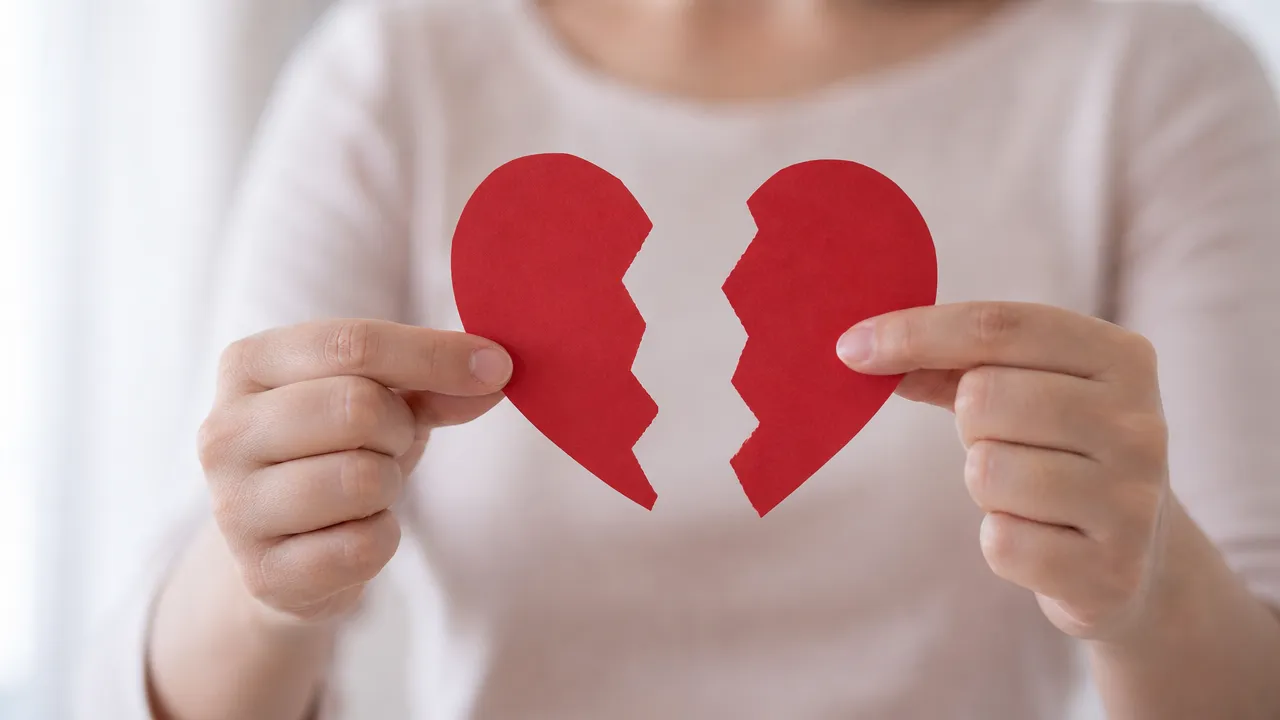 Eine Person hält ein zerrissenes rotes Papierherz in beiden Händen, symbolisiert gebrochenes Vertrauen und seelische Verletzung.
