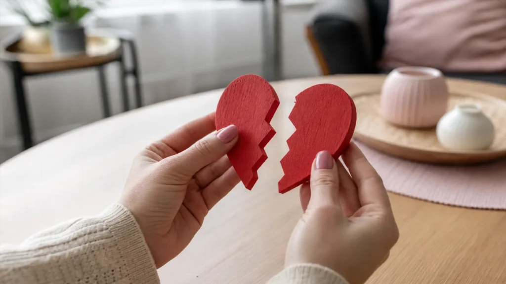 partner nicht mehr ertragen - Zwei Hände halten ein zerbrochenes rotes Herz aus Holz über einem Holztisch, im Hintergrund unscharf ein Wohnbereich.