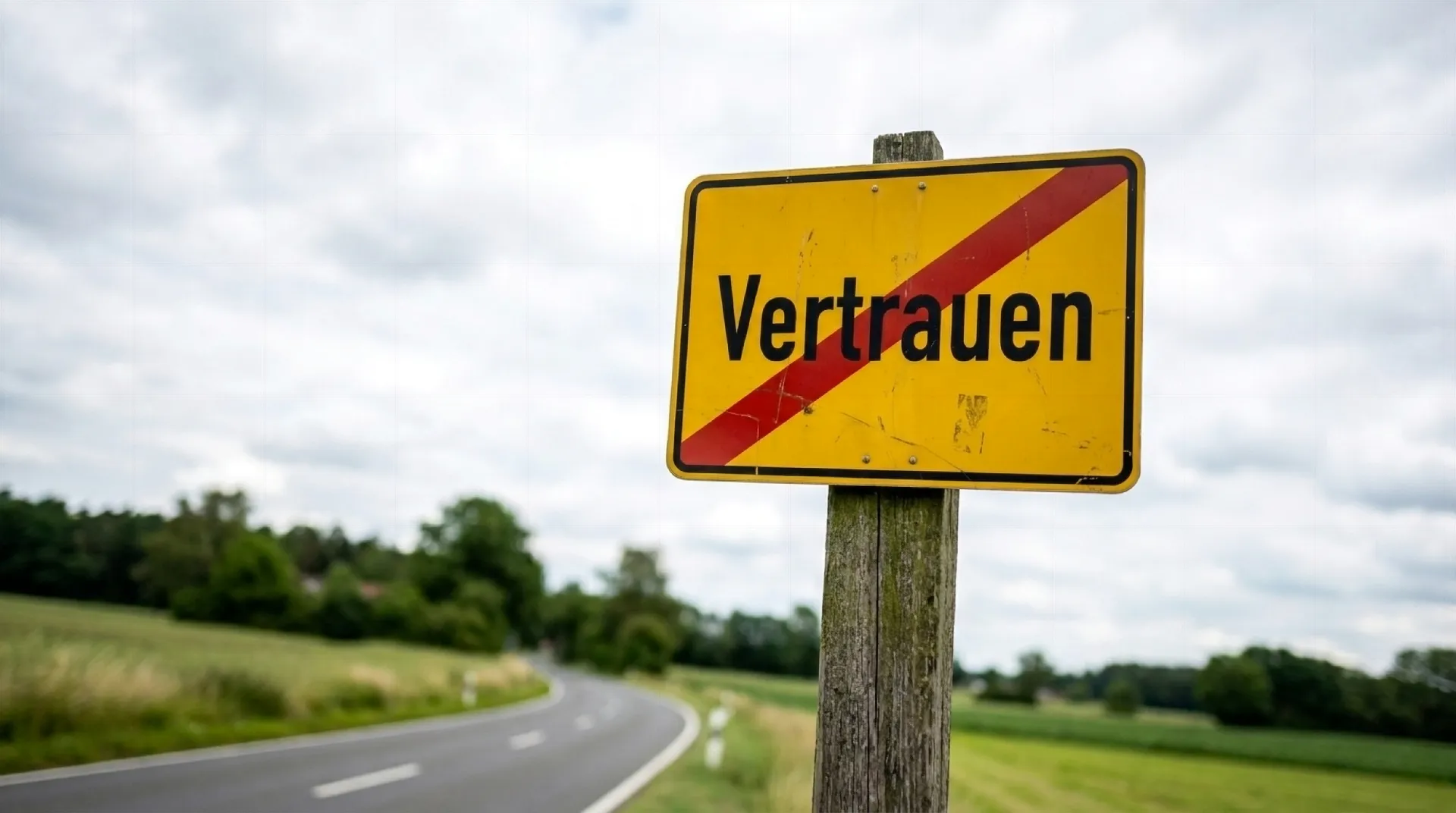 verlorenes vertrauen irreversibel - Gelbes Ortsschild mit durchgestrichenem Wort „Vertrauen“ vor einer Landstraße und bewölktem Himmel.